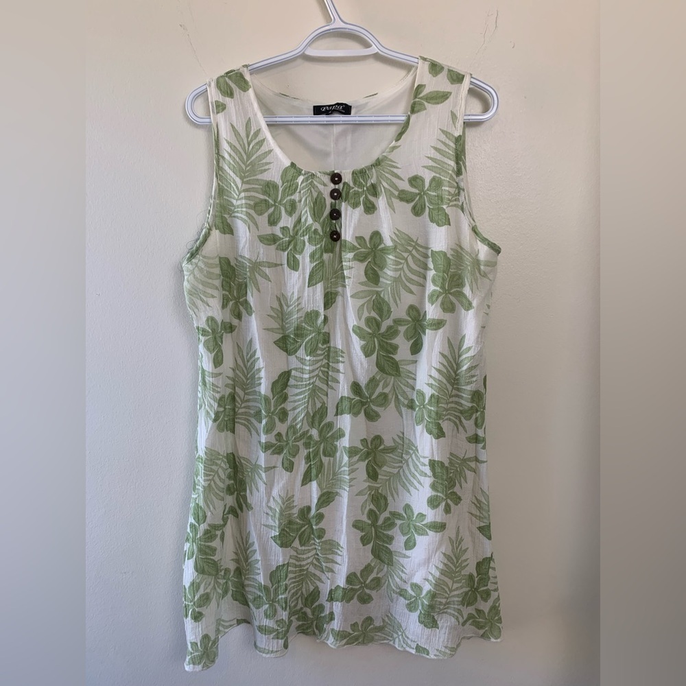 Papa Lightweight Summer Dress or Tunic, Lined, Airy White w Green Flowers
